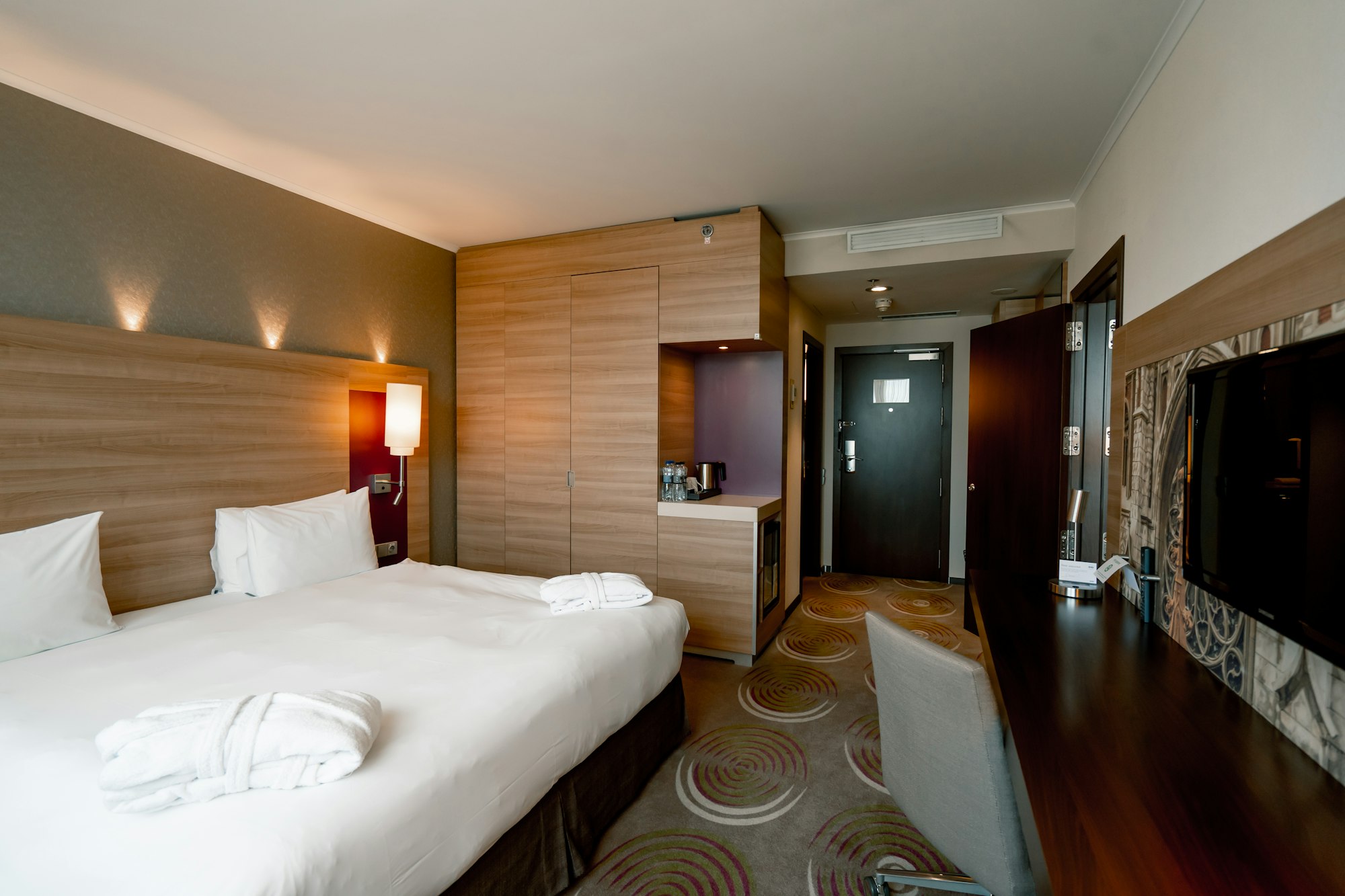 interior of a double hotel room after cleaning housekeeping bedroom rest room
