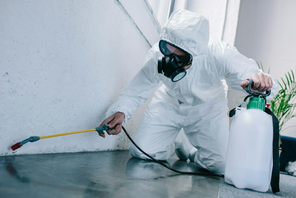 pest control worker spraying pesticides on floor at home